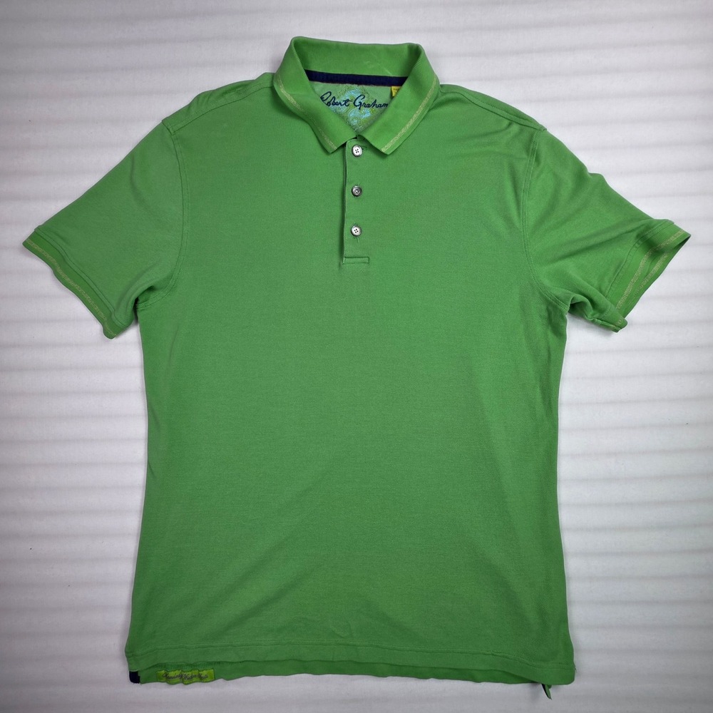 Robert Graham Mens Green Short Sleeve Pique Polo Shirt Classic Fit Large